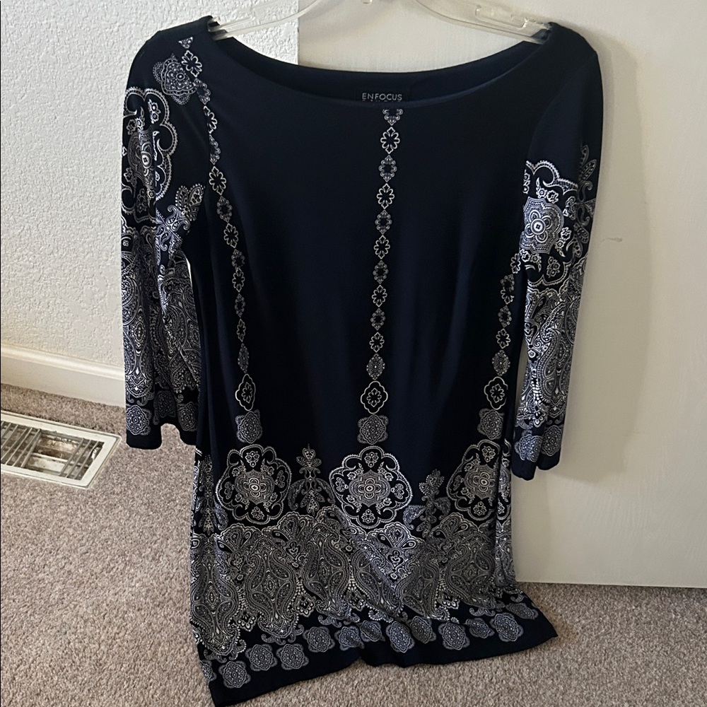 Enfocus Studio Navy and White Patterned Blouse